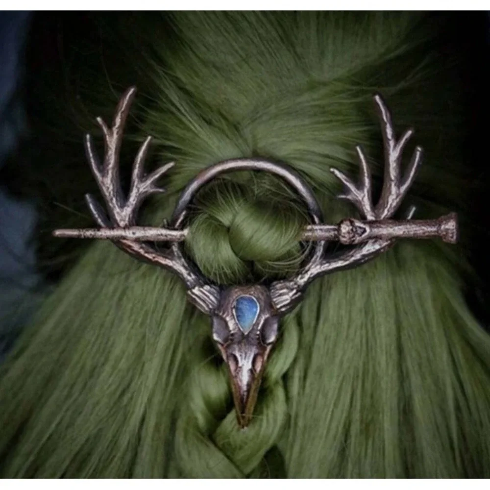 Bronze Raven Skull Antler Hair Slide Barrette Gothic Pagan Moonstone Hair Pin